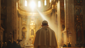 Immagine di un papa con sfondo chiesa illuminata da una luce in lontananza