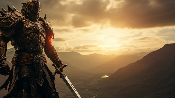 Cavaliere con spada videogioco su montagna al tramonto