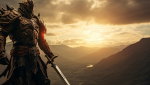 Cavaliere con spada videogioco su montagna al tramonto