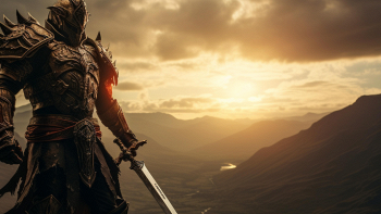 Cavaliere con spada videogioco su montagna al tramonto