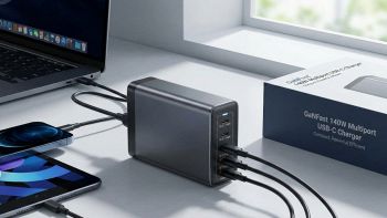 Caricatore da tavolo USB-C GaN multiporta che ricarica laptop, smartphone e tablet contemporaneamente.