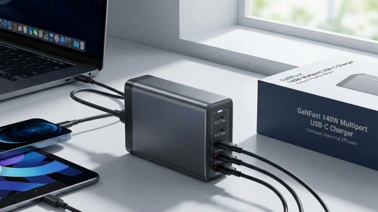 Caricatore da tavolo USB-C GaN multiporta che ricarica laptop, smartphone e tablet contemporaneamente.