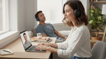 Donna al PC in videochiamata con cuffie Bluetooth JBL; sullo sfondo uomo con cuffie wireless in relax.