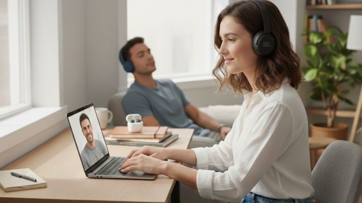 Donna al PC in videochiamata con cuffie Bluetooth JBL; sullo sfondo uomo con cuffie wireless in relax.