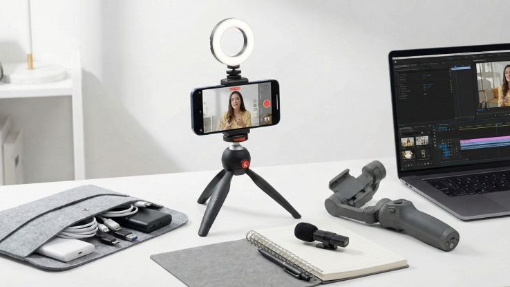 Smartphone montato su treppiede con ring light accesa e microfono esterno, posizionato su una scrivania moderna da content creator.