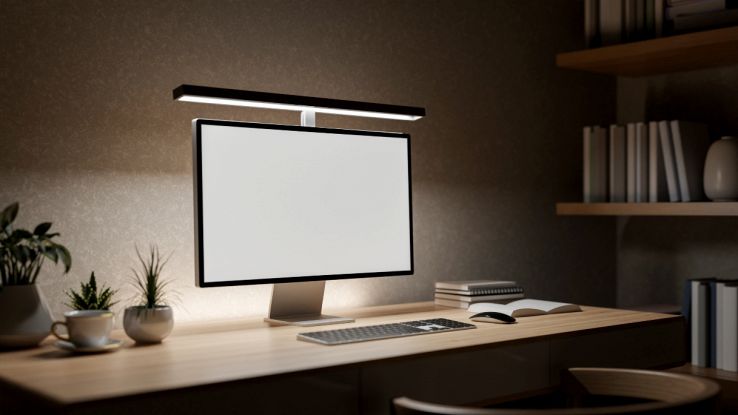Scrivania in legno ordinata con monitor PC dotato di light bar LED superiore, che illumina tastiera e piano di lavoro in un ambiente home office.