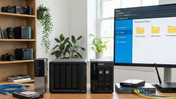 Moderno server NAS domestico a 2 o 4 bay su una scrivania, dispositivo di storage di rete per backup foto e video e cloud personale sicuro