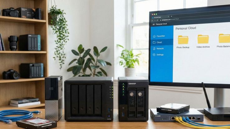 Moderno server NAS domestico a 2 o 4 bay su una scrivania, dispositivo di storage di rete per backup foto e video e cloud personale sicuro