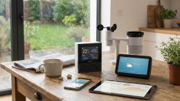 Postazione meteo smart su tavolo di legno con stazione Netatmo, sensori esterni, Amazon Echo Show con previsioni, tablet con grafici e smartphone con app meteo. Fuori dalla finestra piove.