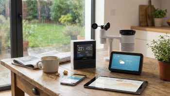 Postazione meteo smart su tavolo di legno con stazione Netatmo, sensori esterni, Amazon Echo Show con previsioni, tablet con grafici e smartphone con app meteo. Fuori dalla finestra piove.
