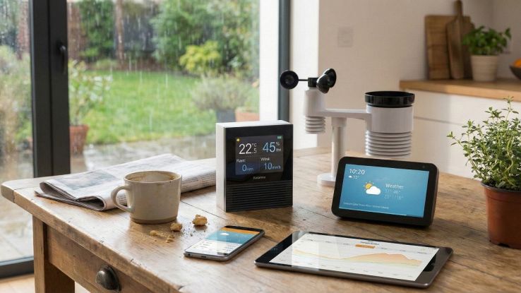 Postazione meteo smart su tavolo di legno con stazione Netatmo, sensori esterni, Amazon Echo Show con previsioni, tablet con grafici e smartphone con app meteo. Fuori dalla finestra piove.