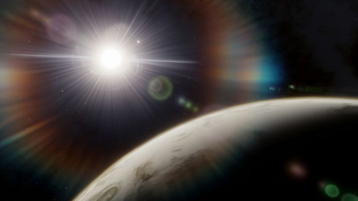 Paesaggio spaziale con un pianeta che viene illuminato dalla sua stella