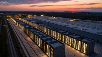 Data center illuminato al crepuscolo
