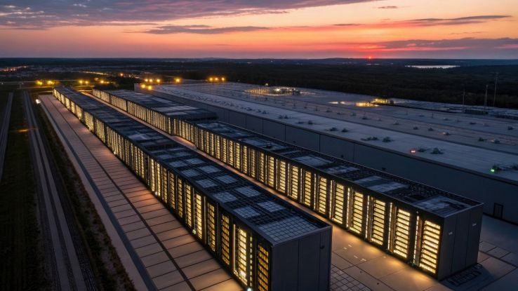 Data center illuminato al crepuscolo