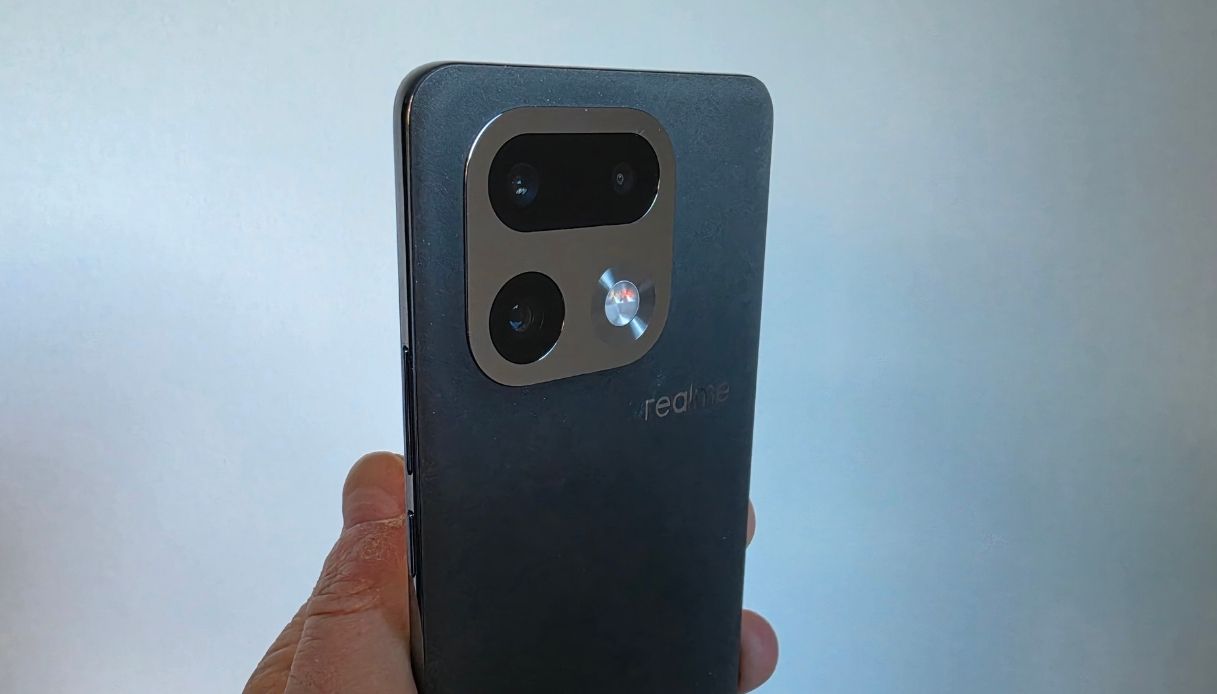 realme 16 Pro+ visto da dietro con modulo fotocamere triplo su sfondo bianco