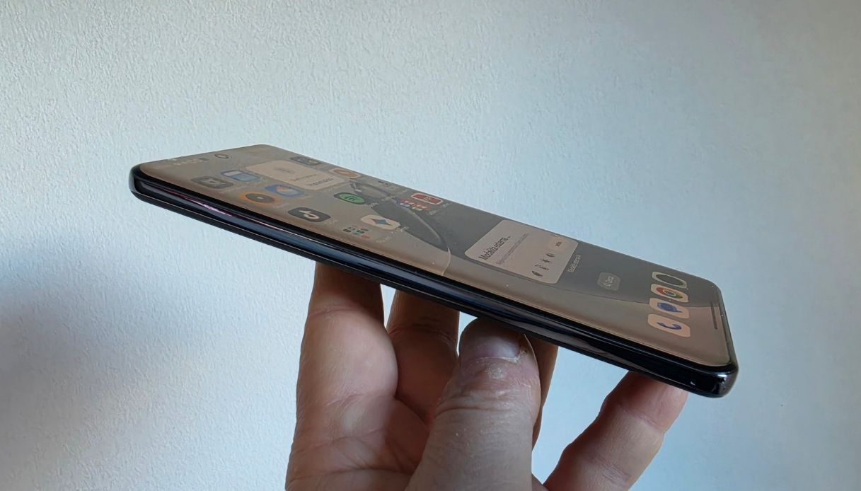 realme 16 Pro+ vista laterale con cornice in plastica lucida