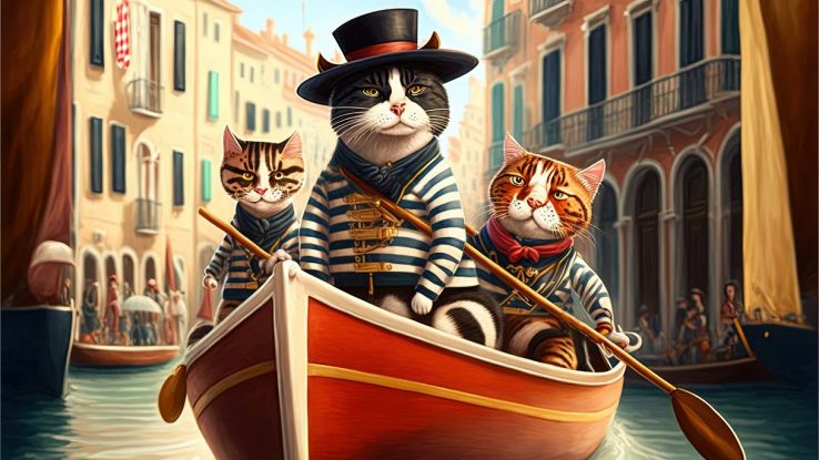 Gatti illustrati come gondolieri