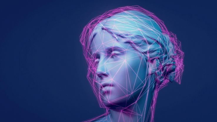 Gabbia futuristica fluo avvolge viso di statua classica