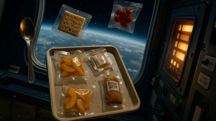 Cibo gustoso fluttua in una navicella spaziale