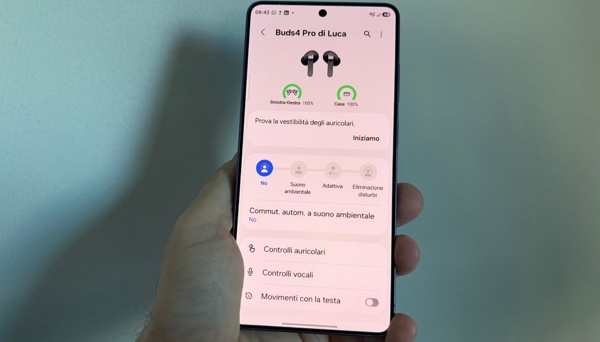 Schermata app Galaxy Wearable con impostazioni ANC e controlli Samsung Galaxy Buds 4 Pro