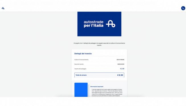 Pagina truffa del pagamento del pedaggio