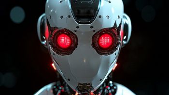 Primo piano di robot umanoide con occhi accesi di luce rossa