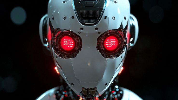 Primo piano di robot umanoide con occhi accesi di luce rossa