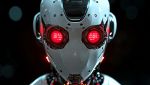 Primo piano di robot umanoide con occhi accesi di luce rossa