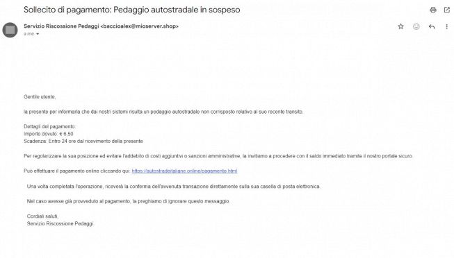 Screenshot Truffa del pedaggio autostradale