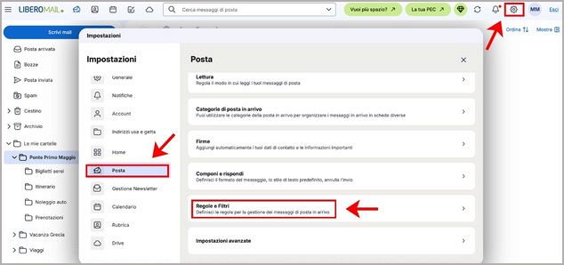 Impostazioni &ldquo;Regole e filtri&rdquo; di Libero Mail