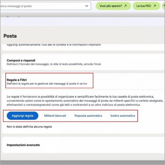 Tasti per aggiungere regole e filtri su Libero Mail