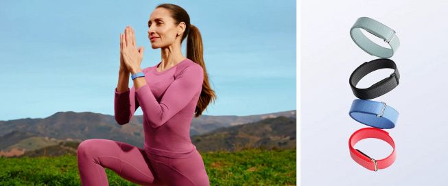 Dettaglio cinturini FitBit Air e donna che lo usa