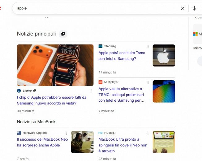 Schermata Google notizie principali