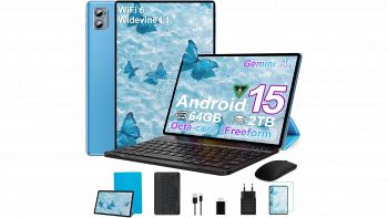 Tablet SUAAT 10 pollici Android 15 con custodia tastiera e mouse blu