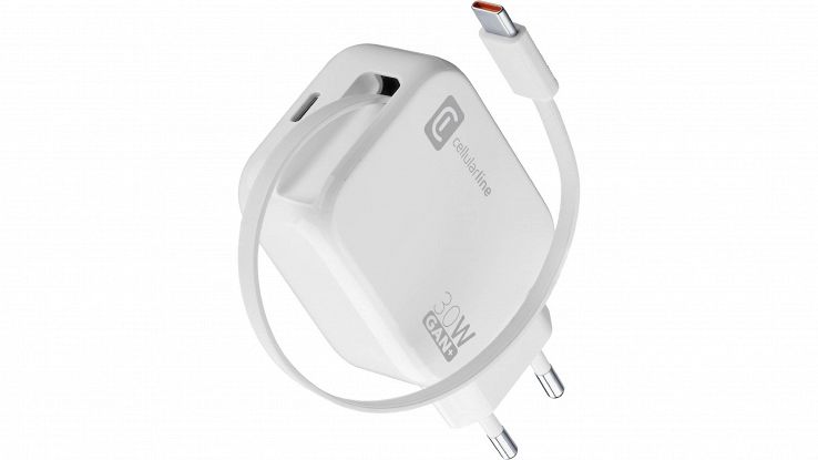 Caricabatterie da rete Cellularline 30W bianco con cavo USB-C retrattile