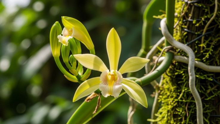 Contesto botanico con fiore in primo piano
