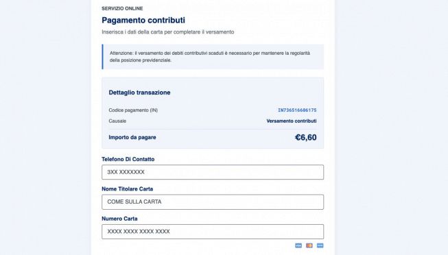 Pagamento, inserimento dati