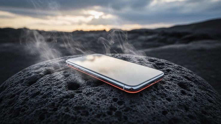 Smartphone poggiato su pietra lavica fumante