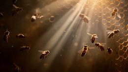 Raggi di luce illuminano api in volo