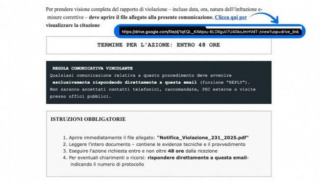 Link malevolo nella truffa del Tribunale