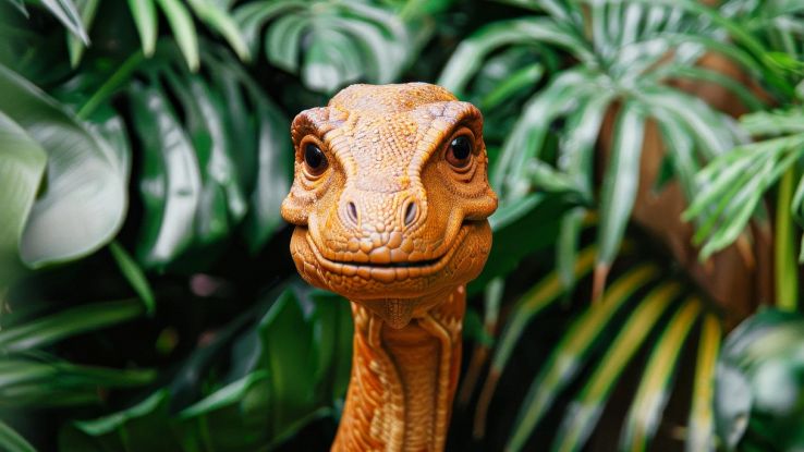 Sfondo vegetale con dinosauro arancio davanti