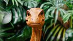 Sfondo vegetale con dinosauro arancio davanti