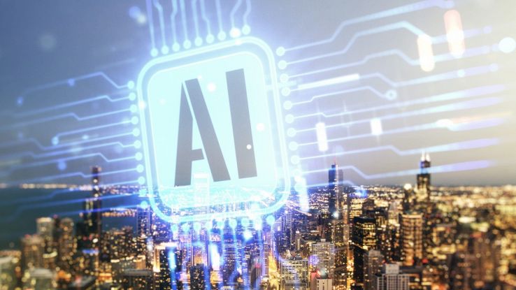 Metropoli di notte con simbolo AI