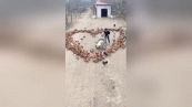 Allevatore romantico sparge il mangime per creare un cuore di galline