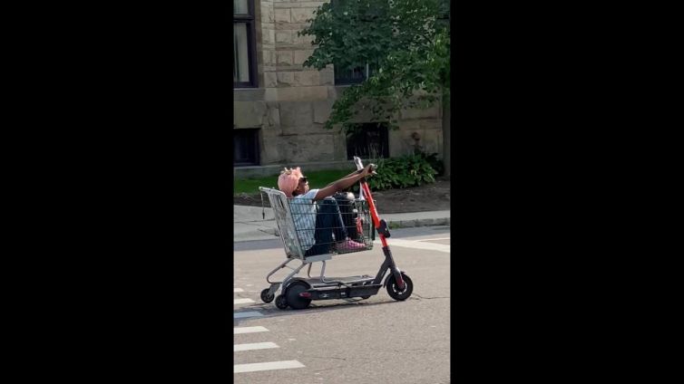A spasso nel carrello trainato dal monopattino elettrico