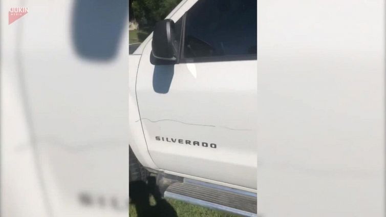 Il papà è occupato e la bimba ne approfitta per colorare l'auto