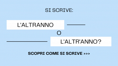 Scritta “Si scrive l’altranno o l’altr’anno? Scopri come si scrive...” su sfondo azzurro chiaro; bande bianche e linee nere come elementi grafici