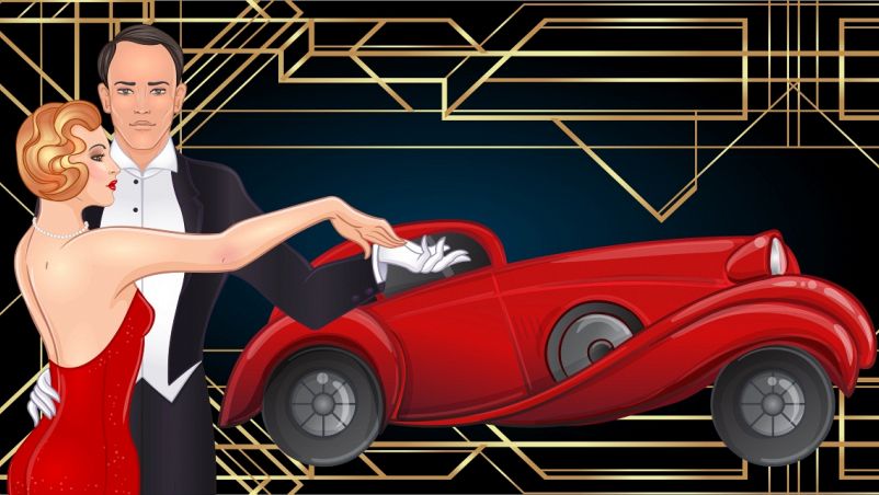 Sulla sx uomo e donna degli anni 20 che ballano il tango; sulla sx lussuosa auto rosso fuoco; sullo sfondo nero decorazioni dorate in stile art decò