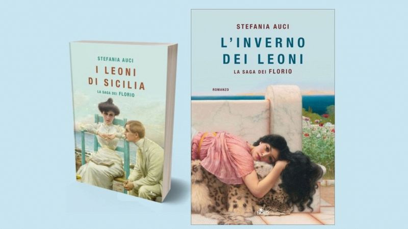 In primo piano copertina de L'inverno dei leoni, in secondo piano sulla sinistra copertina di I leoni di Sicilia, i due più noti romanzi di Stefania Auci