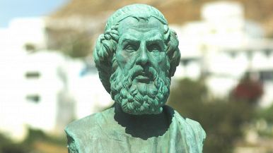 Il volto di Omero riprodotto da una statua in Grecia